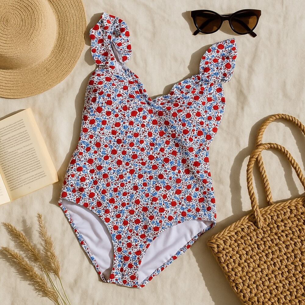 Serendipity Shrimp & Grits Kids Floral Ruffle One Piece Swimsuit Red Womens XS